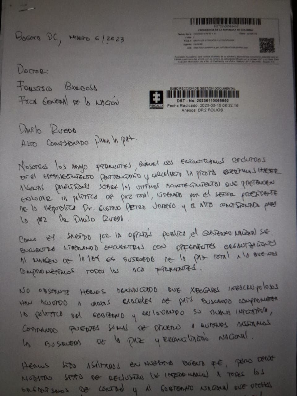 Esta es la carta que enviaron los extraditables al fiscal Francisco Barbosa.