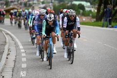 PASSO BROCON, ITALY - MAY 22: (L-R) Larry Warbasse of United States and Decathlon AG2R La Mondiale Team and Juan Sebastian Molano of Colombia and UAE Team Emirates compete during the 107th Giro d'Italia 2024, Stage 17 a 159km stage from Selva di Val Gardena to Passo Brocon 1604m / #UCIWT / on May 22, 2024 in Passo Brocon, Italy. (Photo by Dario Belingheri/Getty Images)
