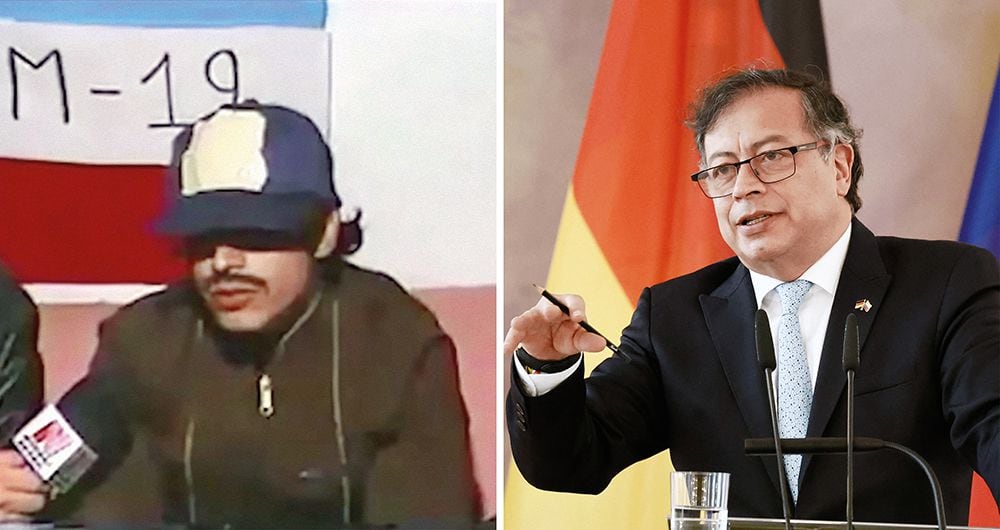   A la izquierda, una imagen de Gustavo Petro en sus épocas en el M-19. A la derecha, en su papel como presidente de Colombia.