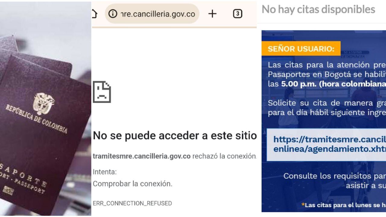 Un pasaporte colombiano y los mensajes que arroja la web de la Cancillería