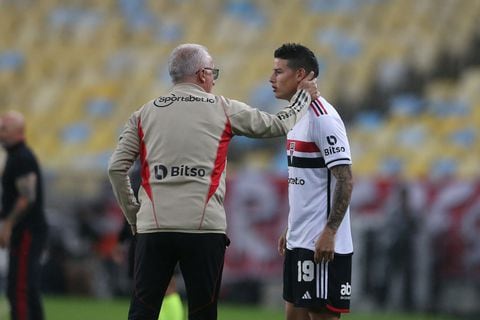 RIO DE JANEIRO, BRAZIL - AUGUST 13: Head Coach Dorival Junior of Sao Paulo (L) talks to James Rodríguez of Sao Paulo (R) who is getting into the field for debut with São Paulo t-shirt during Campeonato Brasileiro Serie A match between Flamengo and Sao Paulo at Maracana Stadium on August 13, 2023 in Rio de Janeiro, Brazil. (Photo by Daniel Castelo Branco/Eurasia Sport Images/Getty Images)
