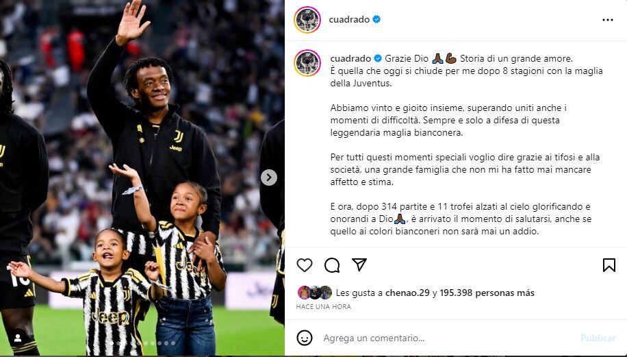 Cuadrado dedicó un posteo en Instagram escrito en italiano.