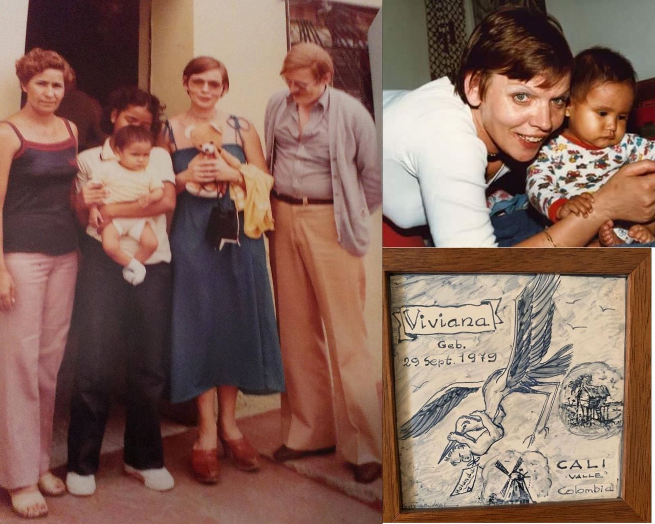 Viviana Morcillo con sus padres adoptivos y el cuadro que le dieron al irse de Cali.