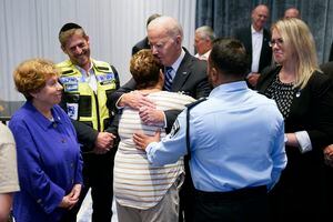 President Joe Biden meets with victims' relatives and first responders who were directly affected by the Hamas attacks, Wednesday, Oct. 18, 2023, in Tel Aviv. (AP Photo/Evan Vucci)