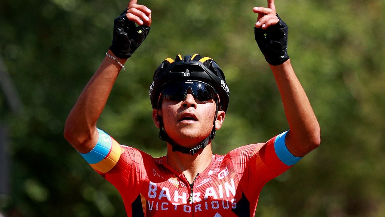 BURGOS, SPAIN - AUGUST 02: Santiago Buitrago Sanchez of Colombia and Team Bahrain Victorious celebrates winning during the 44th Vuelta a Burgos 2022- Stage 1 a 157km stage from Catedral de Burgos to Mirador del Castillo, Burgos / #VueltaBurgos / on August 02, 2022 in Burgos, Spain. (Photo by Gonzalo Arroyo Moreno/Getty Images)