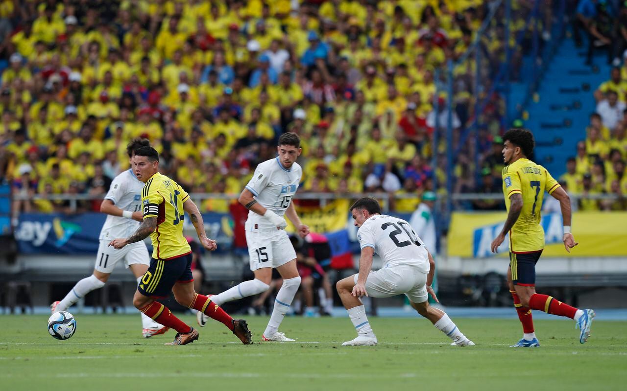 James Rodriguez scores a goal with the Colombian national team against Uruguay in a South American qualifier for the 2026 World Cup on October 12, 2023.