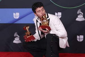 LAS VEGAS, NV - NOVEMBER 17: Sebastian Yatra poses with the awards for Best Pop Song and Best Vocal Album in the media center for The 23rd Annual Latin Grammy Awards at the Mandalay Bay Events Center on November 17, 2022 in Las Vegas, Nevada. (Photo by Omar Vega/FilmMagic)