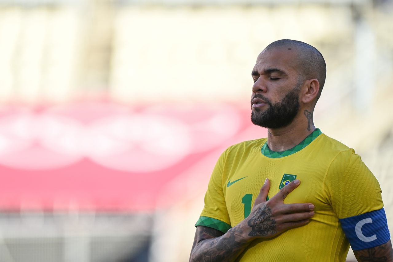 Dani Alves of Brazil sings the national anthem of Brazil prior to the Tokyo 2020 men's football semifinal match between Brazil and Mexico at the Ibaraki Kashima Stadium in Ibaraki, Japan, Aug. 3, 2021. (Photo by Lu Yang/Xinhua via Getty Images)