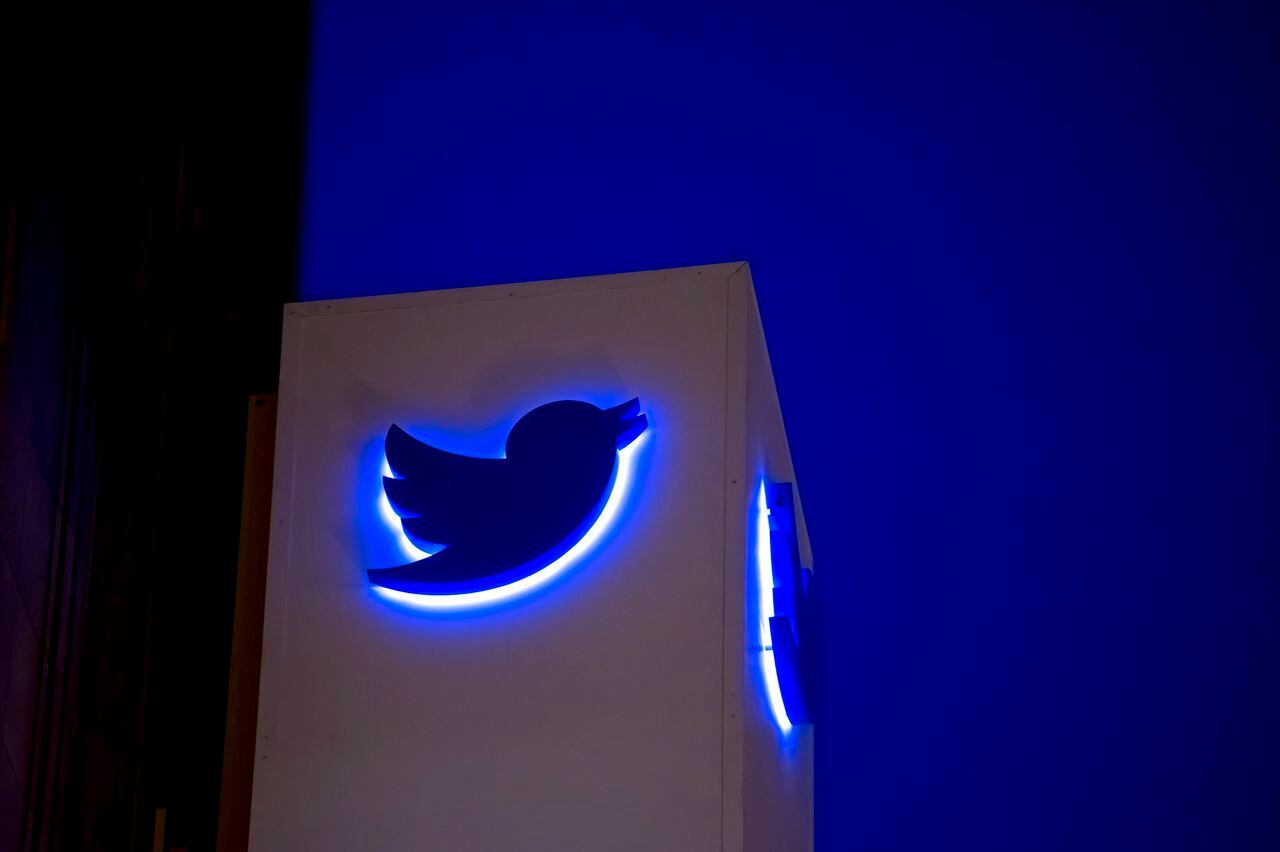 El logotipo y la señalización de Twitter Inc.