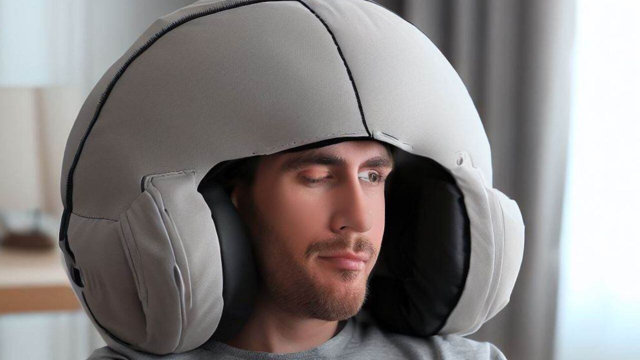 Una almohada con forma de casco que se coloca en la cabeza y cubre los ojos y los oídos recreada por la IA.