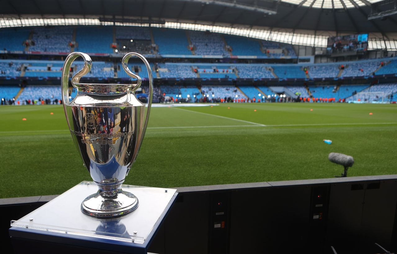 MANCHESTER, ENGLAND - MAY 17: The Champions League Trophy on display ahead of the UEFA Champions League semi-final second leg match between Manchester City FC and Real Madrid at Etihad Stadium on May 17, 2023 in Manchester, England. (Photo by James Gill - Danehouse/Getty Images)