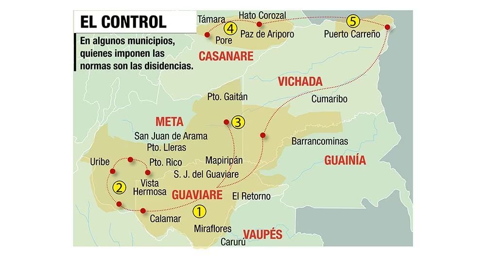 Mapa del área de influencia de la disidencia Estado Mayor Central al mando de alias Iván Mordisco