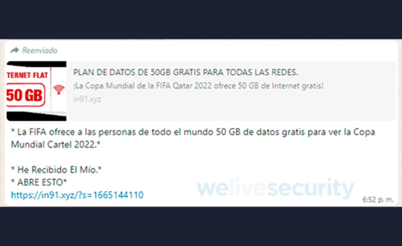 Mensaje de estafa en WhatsApp sobre datos móviles gratis para ver el Mundial Qatar 2022.