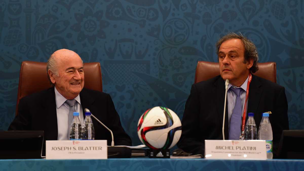 SAINT PETERSBURG, RUSSIA - JULY 25:  FIFA President Joseph S. Blatter and UEFA President Michel Platini look on during the Team Seminar ahead of the Preliminary Draw of the 2018 FIFA World Cup at the Corinthia Hotel on July 25, 2015 in Saint Petersburg, Russia.  (Photo by Shaun Botterill/Getty Images)