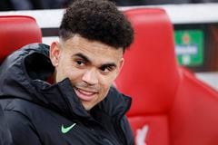 LIVERPOOL, ENGLAND - APRIL 11: Luis Diaz of Liverpool on the bench before the UEFA Europa League 2023/24 Quarter-Final first leg match between Liverpool FC and Atalanta at Anfield on April 11, 2024 in Liverpool, England. (Photo by Richard Sellers/Sportsphoto/Allstar via Getty Images)