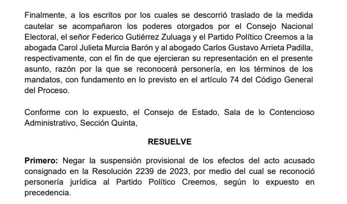 Decisión que quita la personería jurídica del partido Creemos del alcalde de Medellín, Federico Gutiérrez.
