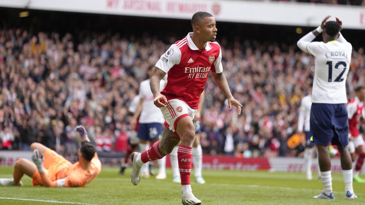 Arsenal's Gabriel Jesus celebrates after scoring his side's second goal during the English Premier League soccer match between Arsenal and Tottenham Hotspur, at Emirates Stadium, in London, England, Saturday, Oct. 1, 2022. (AP/Kirsty Wigglesworth)