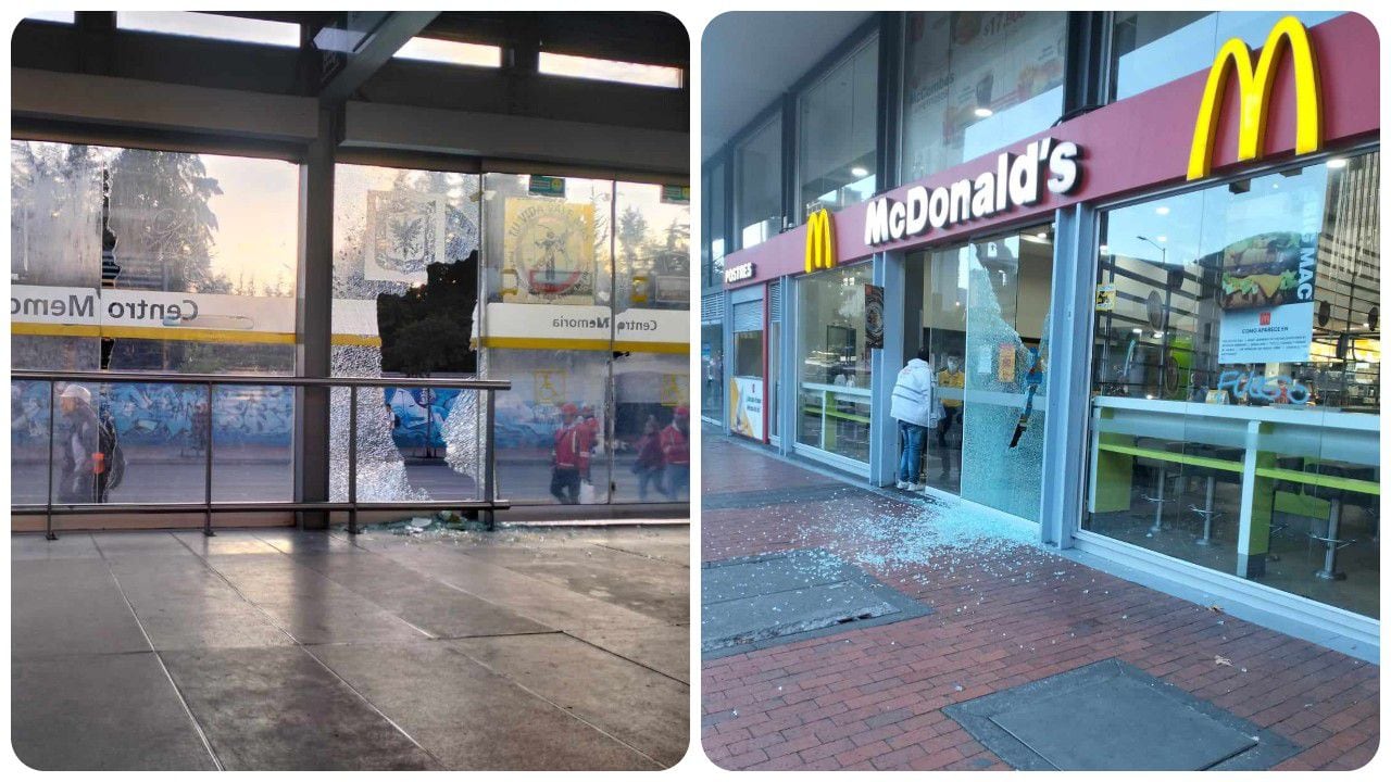 Vandalismo en la calle 26 en Bogotá. Estaciones de TransMilenio y locales comerciales fueron afectados.