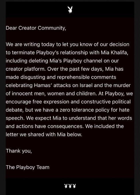 Playboy habría despedido a Mia Khalifa por sus comentarios sobre el conflicto en Israel y Palestina.