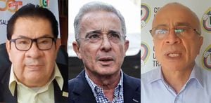 De izq. a der.: Percy Oyola, presidente de la CGT; Álvaro Uribe, expresidente y Francisco Maltés, presidente de la CUT.