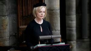 British Prime Minister Liz Truss speaks during the State Funeral of Queen Elizabeth II at Westminster Abbey in central London, Monday, Sept. 19, 2022. The Queen, who died aged 96 on Sept. 8, will be buried at Windsor alongside her late husband, Prince Philip, who died last year. (AP Photo/Frank Augstein, Pool)