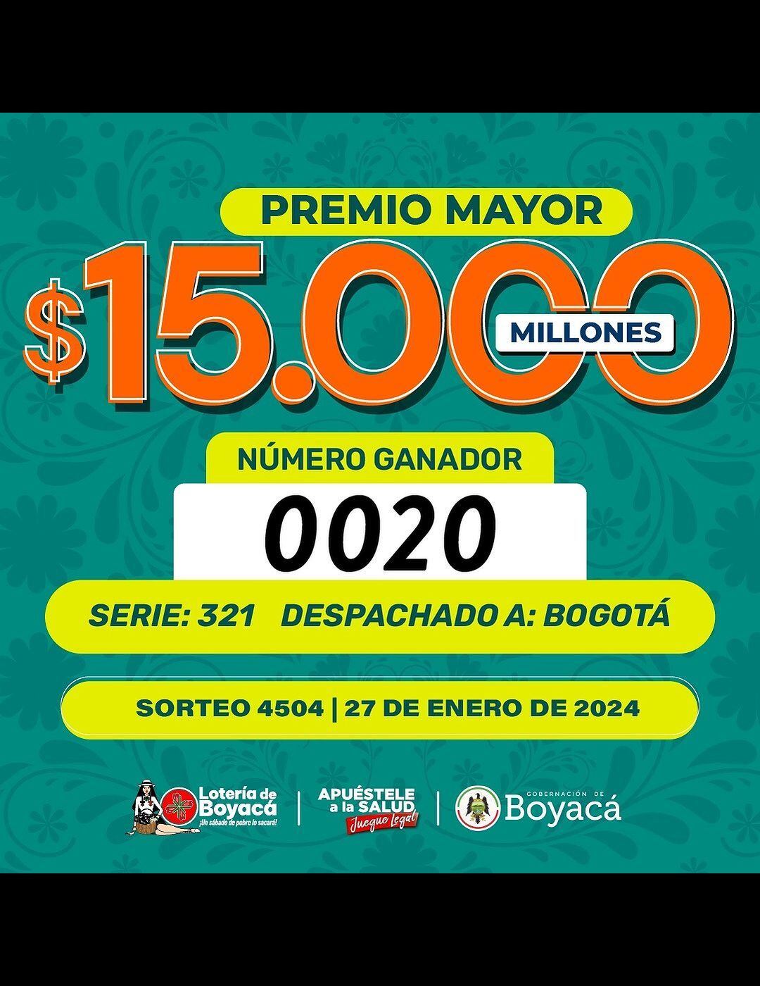 Número ganador premio mayor lotería de Boyacá, sábado 27 de enero 2024.