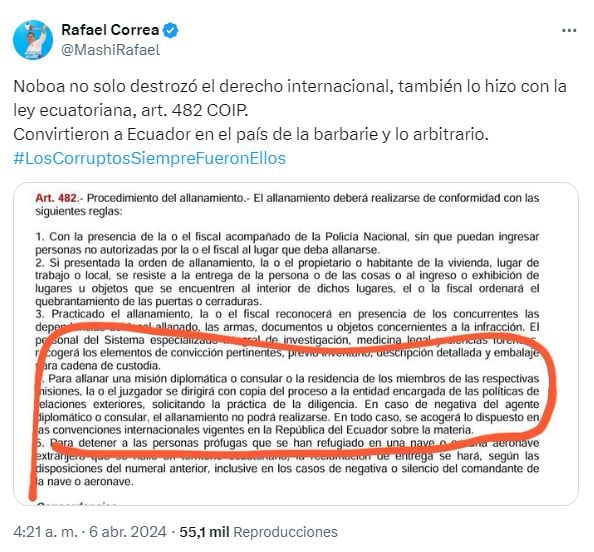 Publicación del expresidente ecuatoriano, Rafael Correa, en su cuenta de X.