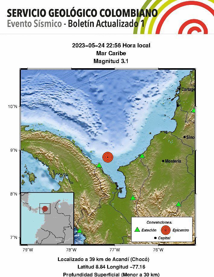 Temblor en el mar Caribe a las 10:56 de la noche.