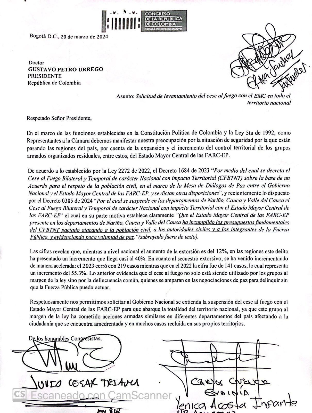 Carta enviada al presidente Gustavo Petro.