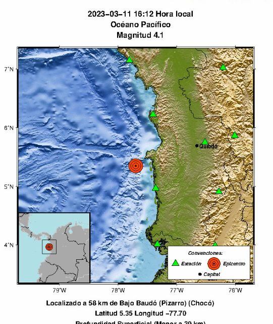 El evento sísmico se localizó a 58 km de Bajo Baudó
