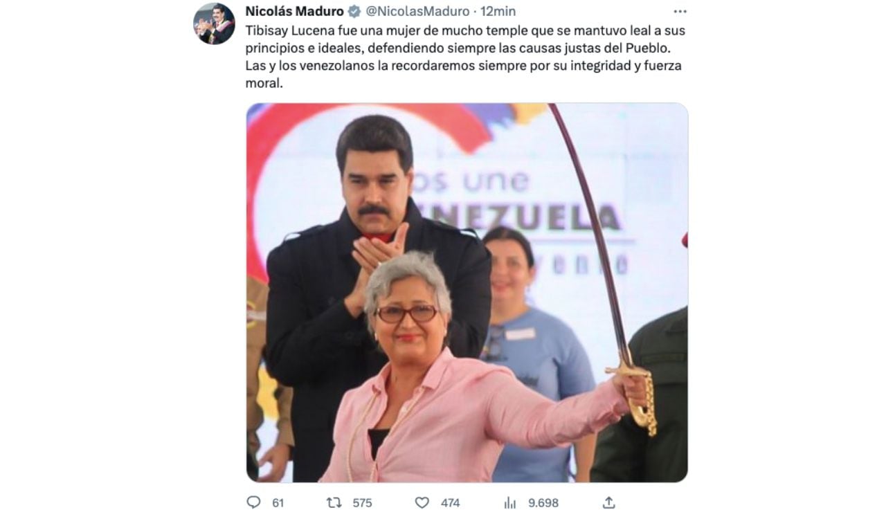 El presidente de Venezuela, Nicolás Maduro, dio sus condolencias tras el fallecimiento de Tibisay Lucena