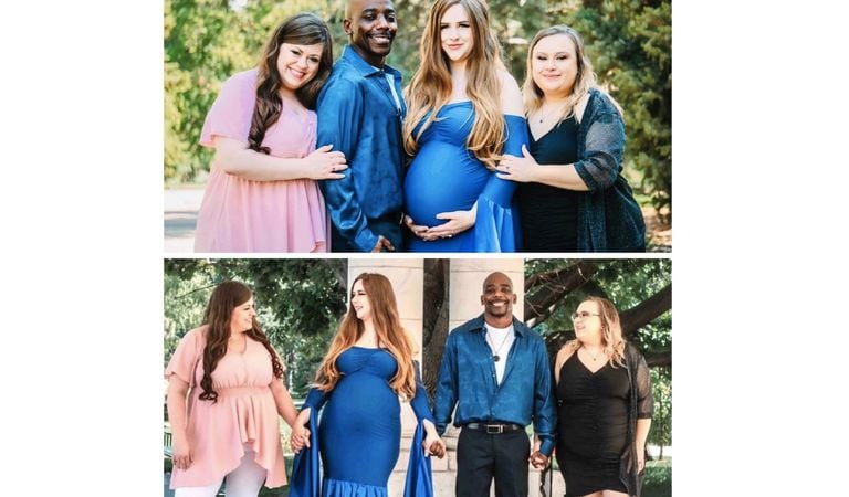 Nick Davis junto a sus esposas, una de ellas ya embarazada