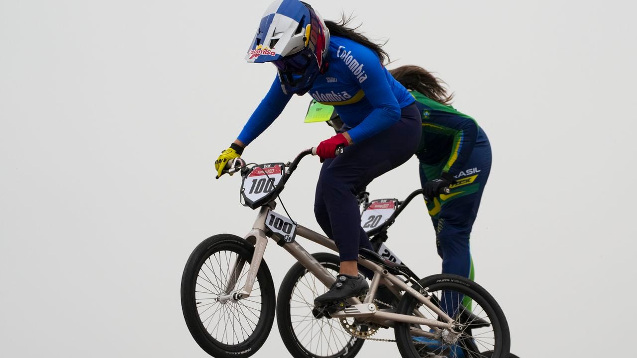 Colombia's Mariana Pajon rides in a women's BMX racing run at the Pan American Games in Santiago, Chile, Sunday, Oct. 22, 2023. (AP Photo/Dolores Ochoa)