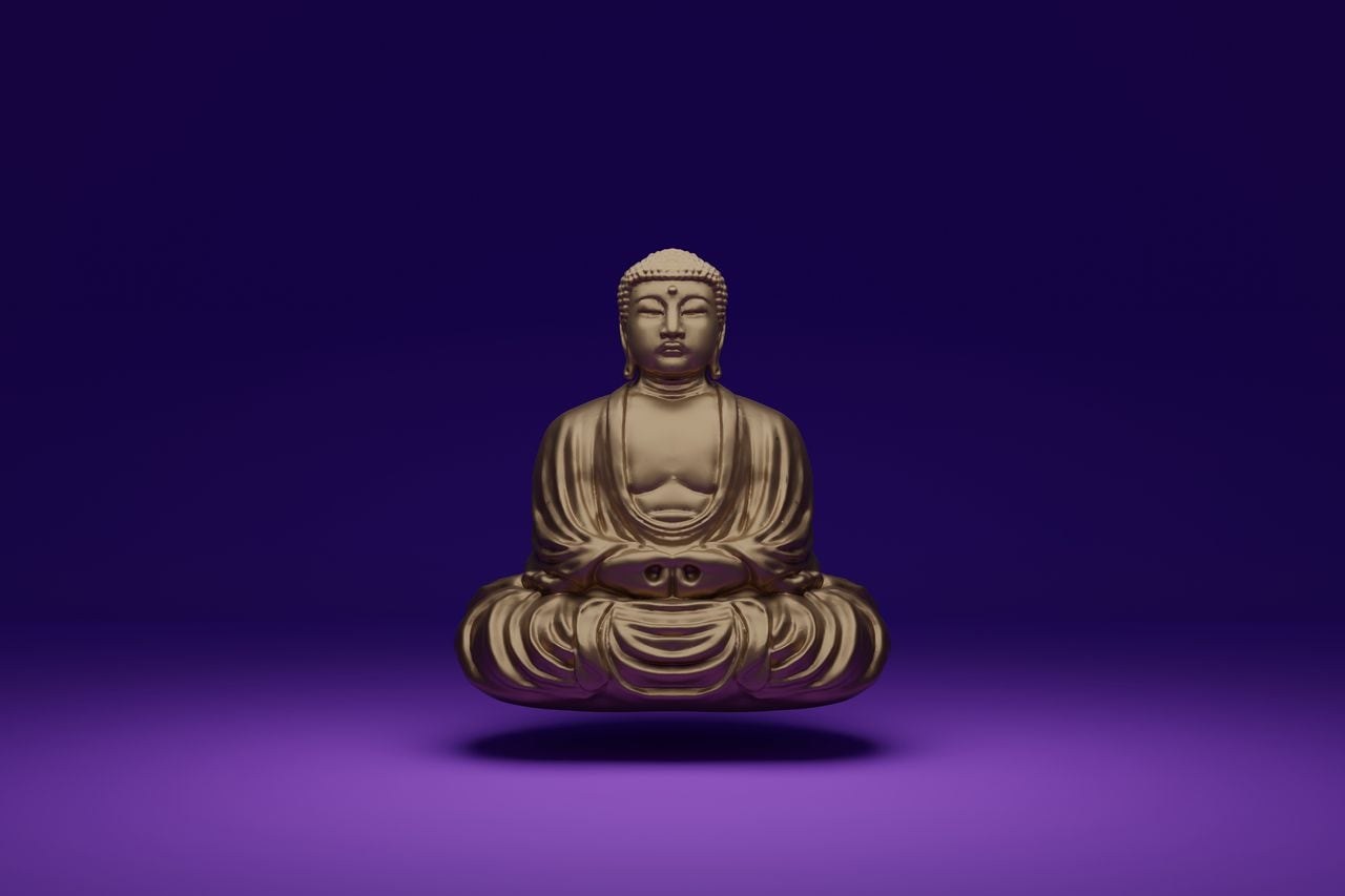 Digital Rendering of Buddha in front of a purple background.
