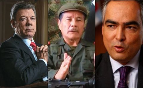 El expresidente Juan Manuel Santos, el jefe del ELN alias Gabino y el excomisionado para la paz Rodrigo Rivera.