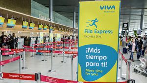 Bogota, Colombia, El Dorado International Airport, Aeroporto Internacional El Dorado, terminal inside Viva Air Express Line sign. (Photo by: Jeffrey Greenberg/Universal Images Group via Getty Images)