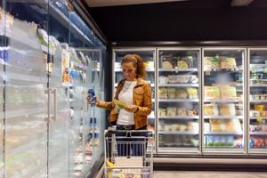 Clienta tomando un producto del estante del refrigerador en la tienda de comestibles. Mujer caucásica de compras en el supermercado.