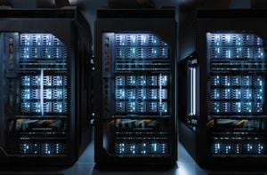Un gran pasillo con supercomputadoras dentro de un centro de datos de sala de servidores. Tecnología utilizada para la computación en la nube y la seguridad de la red.