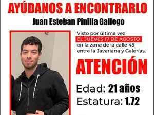 Juan Esteban Pinilla está desaparecido desde el 17 de agosto.