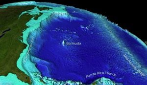 Esta visualización muestra las características batimétricas de la cuenca occidental del Océano Atlántico, capturada por satélite.