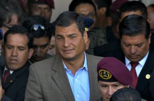 QUITO, ECUADOR - APRIL 26:  Ecuador's President Rafael Correa waves befores his ballot during general elections on April 26, 2009 in Quito, Ecuador. (Photo by Patricio Realpe/LatinContent via Getty Images)