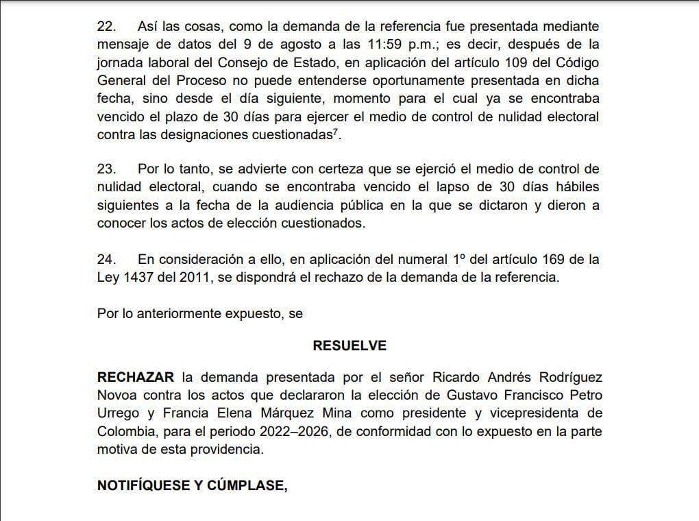 El Consejo de Estado rechazó la demanda presentada contra la elección de Gustavo Petro y Francia Márquez.
