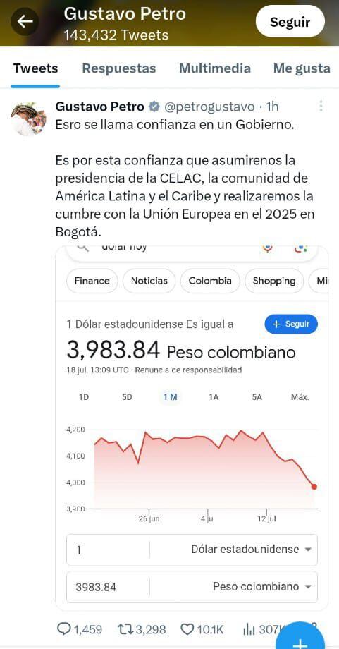 trino presidente Gustavo Petro tras caída del dólar