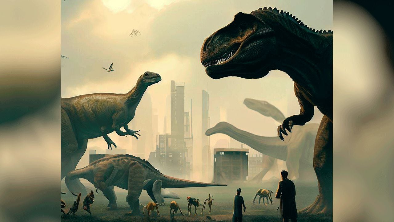 Ilustración creada con IA de dinosaurios en el mundo moderno
