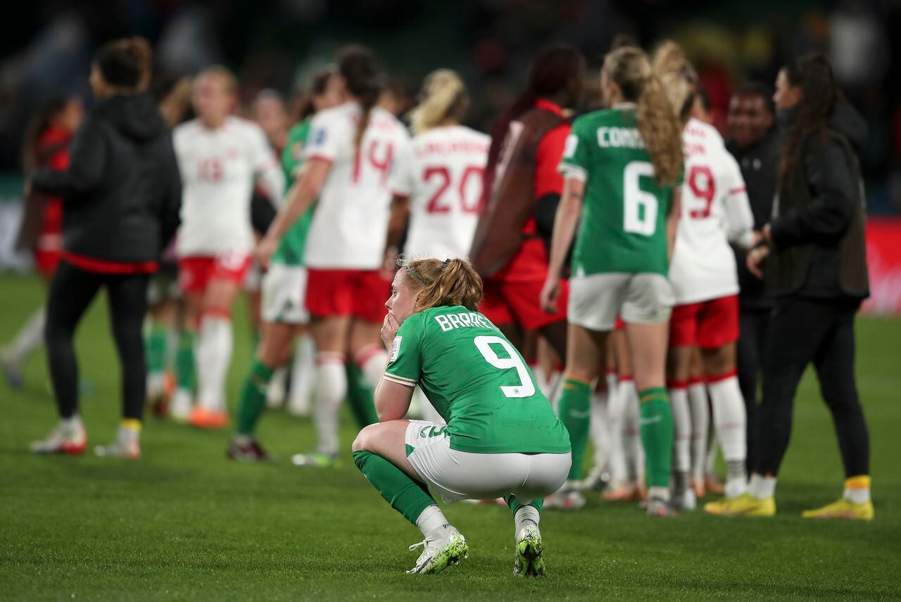 Ireland's Amber Barrett reacts after the Women's World Cup Group B soccer match between Canada and Ireland in Perth, Australia, Wednesday, July 26, 2023. Canada won the match 2-1. (AP Photo/Gary Day)