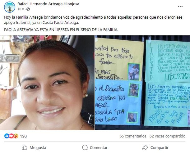 Rafael Hernando Arteaga confirmó la liberación de Paola Artega.