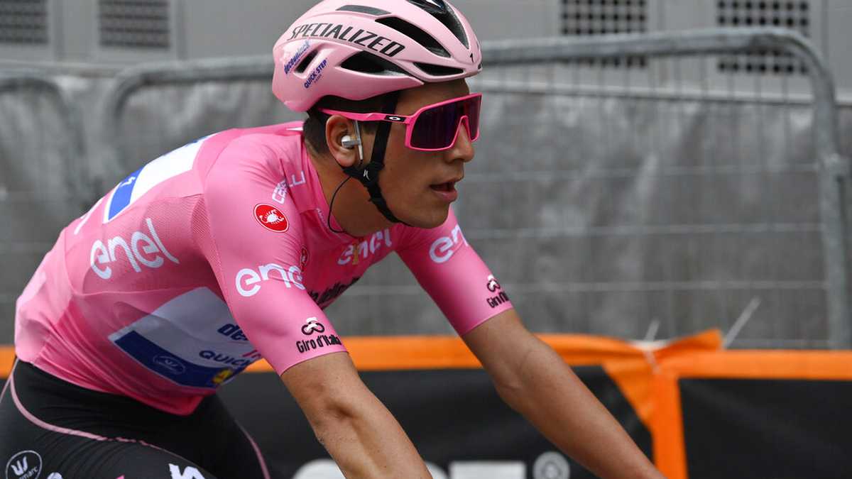 Race leader Portugal's Joao Almeida pedals during the 16th stage of the Giro d'Italia cycling race, from Udine to San Daniele del Friuli, Italy, Tuesday, Oct. 20, 2020.  (Marco Alpozzi/LaPresse via AP)