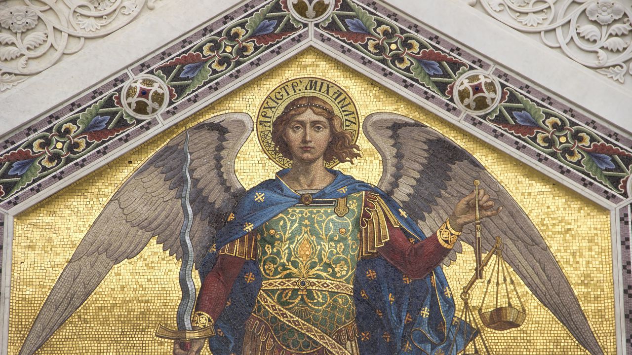 Mosaic of Saint Michael on the facade of  Serbian Orthodox Church in Trieste