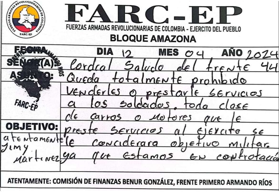 Comunicado de las Farc amenazando a la ciudadanía que preste servicios a los soldados de Colombia.