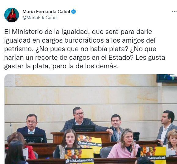 Trino de la senadora María Fernanda Cabal contra la creación del Ministerio de la Igualdad.